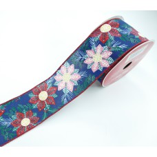 2.5 Inch Navy Wired Christmas Ribbon With Poinsettias and Red Edges, 25 Feet Per Spool (Lot of 1 Spool) SALE ITEM